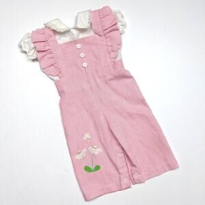 Vintage Tiny Tots Outfit Baby Girls Size 9m Pink Flutter Overalls Romper
